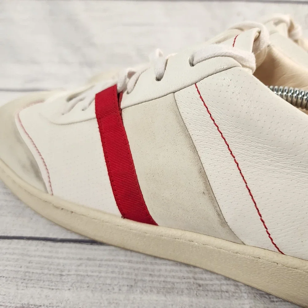 Salvatore Ferragamo Mens 12 White Leather Suede Red Stripe Low Top Sneakers